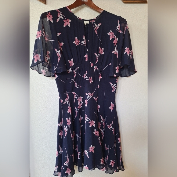 Shoshanna Womens 100% Silk Navy/Pink Floral Flutter Sleeve Dress Size 8 - Picture 1 of 10